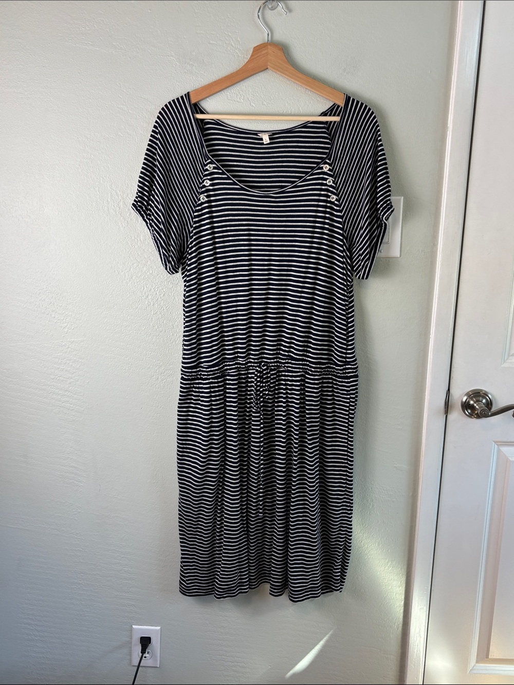 J. Crew Navy and White Striped Short Sleeve Drawstring Waist Dress